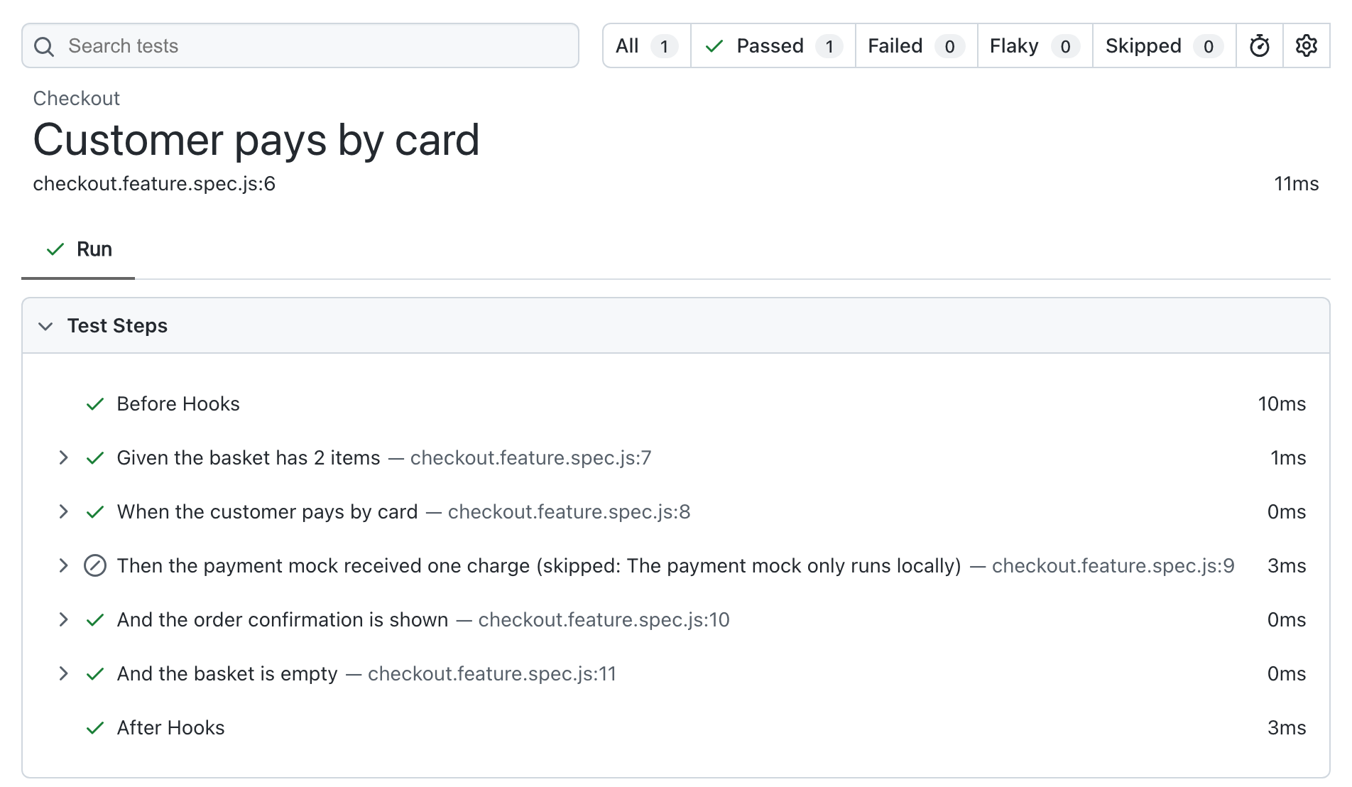 Playwright HTML report with $step.skip(): the test passed, the payment mock step shows as skipped with its reason, and the two steps after it ran and passed