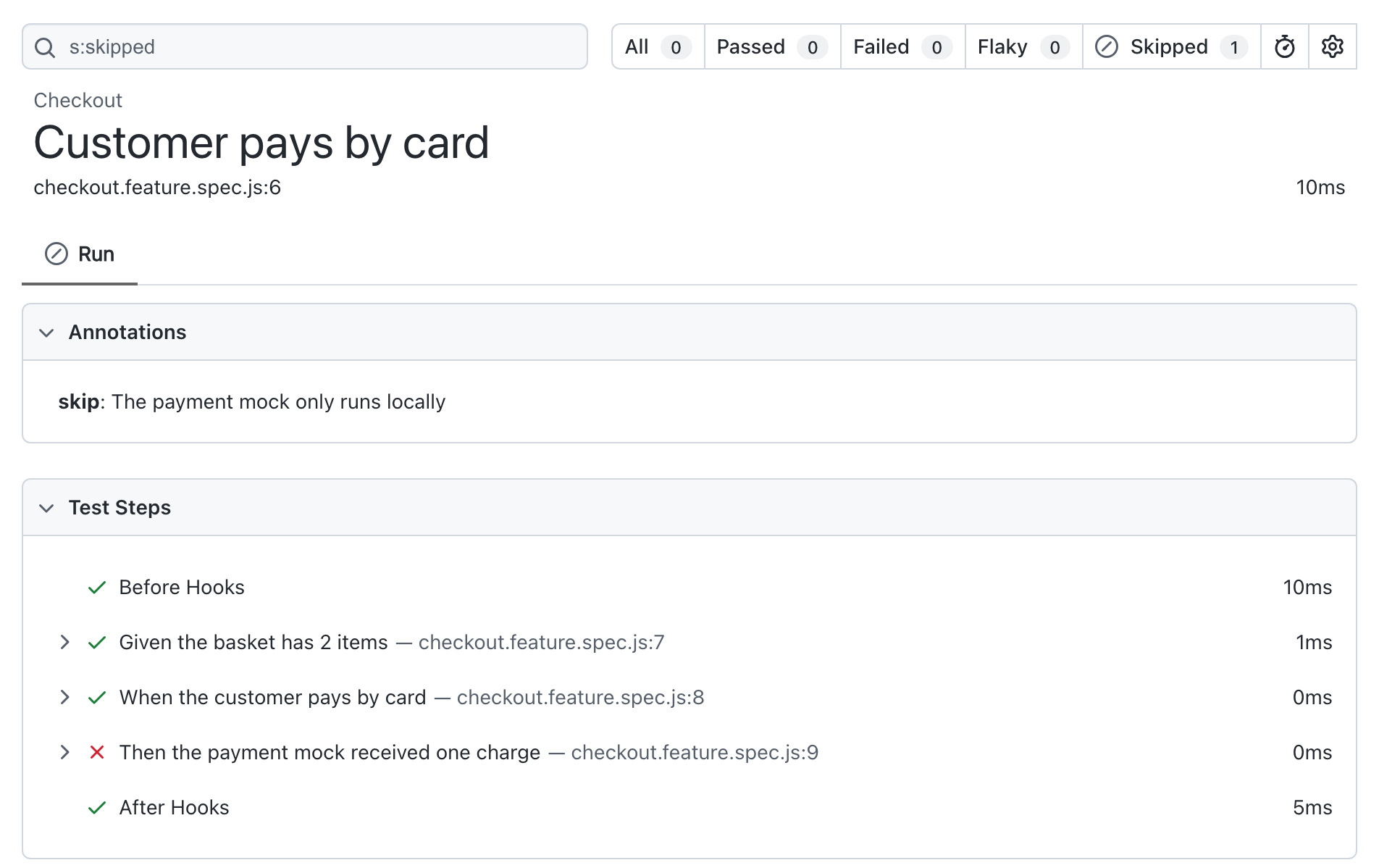 Playwright HTML report with $test.skip(): the test is marked skipped, the payment mock step shows a red cross like a failure, and only three of the five steps are listed because the last two never ran