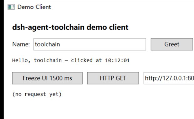 The driven sample window, after the agent typed into it and clicked Greet