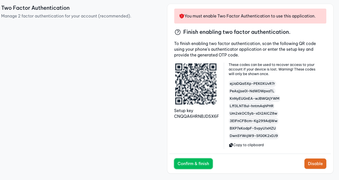 Screenshot of Two Factor codes