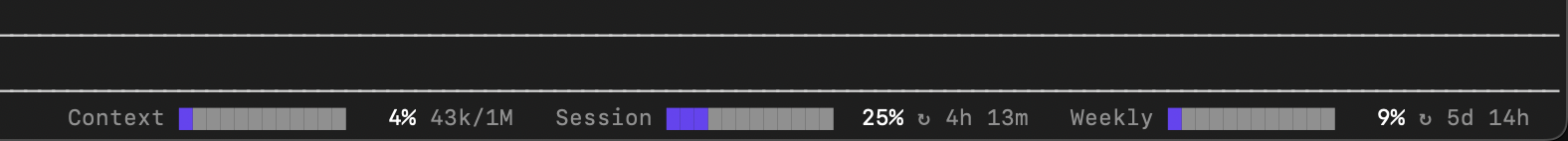 Context, session and weekly usage bars at the bottom right of the Claude Code prompt footer
