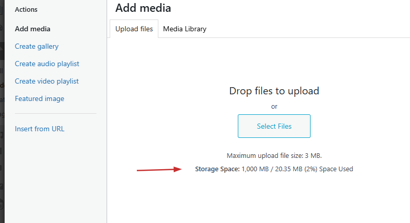 Storage space info into the the 'Upload media' window