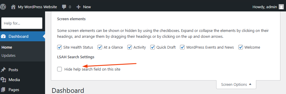 option to hide the Help search box via the Screen Options