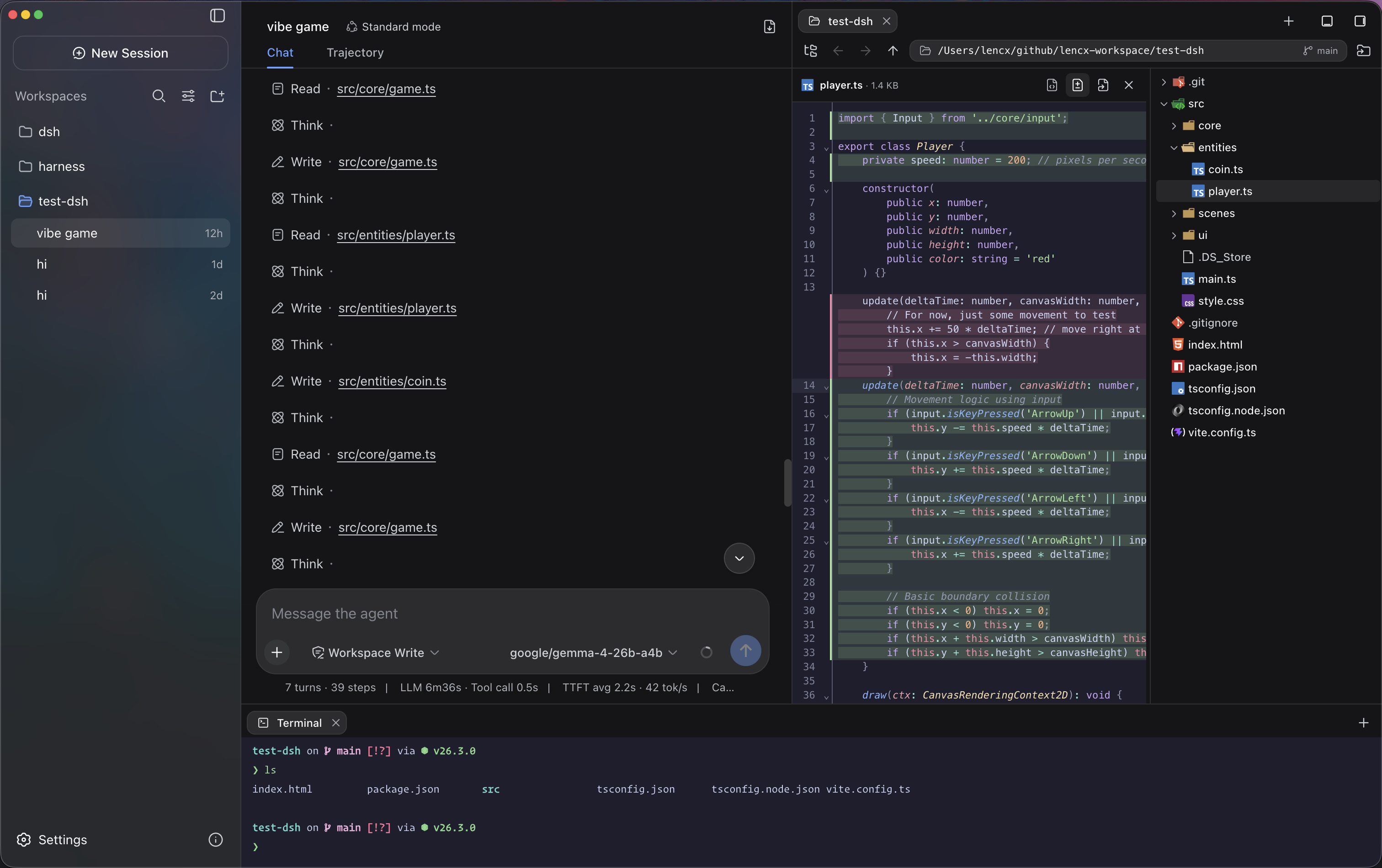 Minke code workspace with Files diff and Terminal
