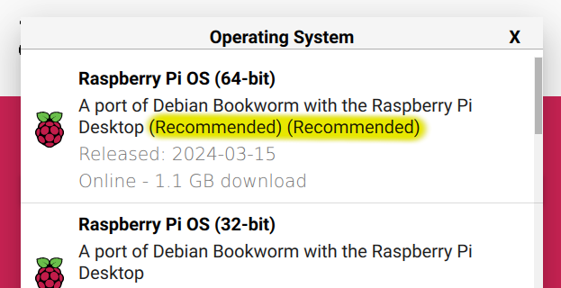 Raspberry Pi OS installer Operating System dropdown sample highlighting the recommended option