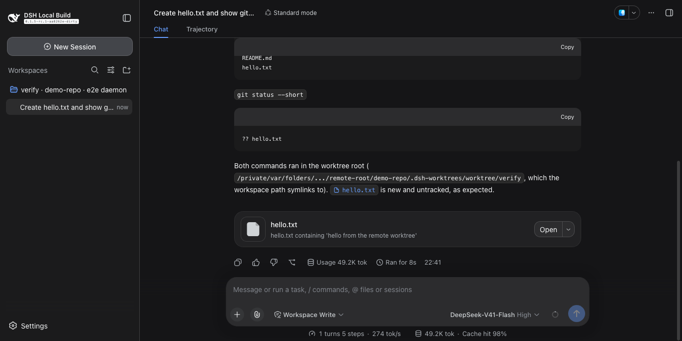 A session running tools inside a remote worktree