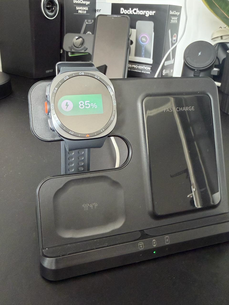 Samsung Galaxy Watch Ultra 2 charging on the DockCharger dock