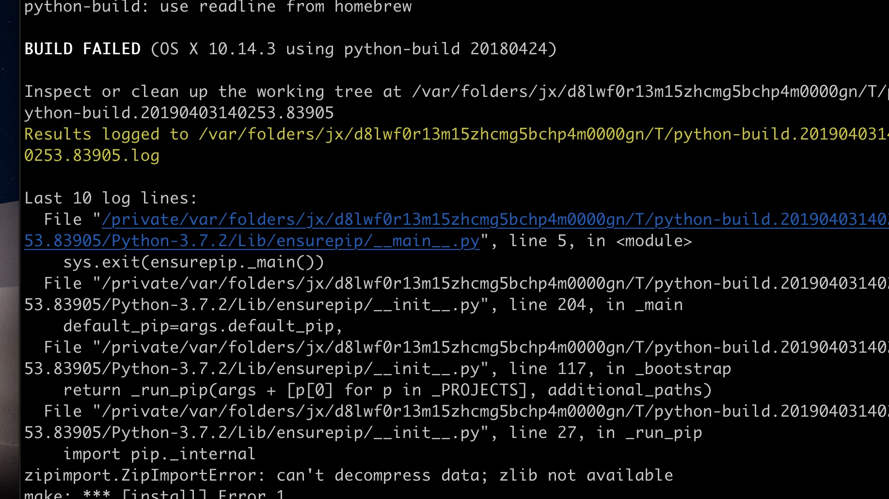 pyenv error infomation