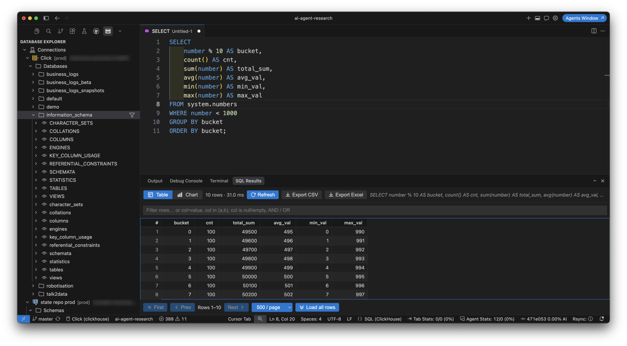 Query results table