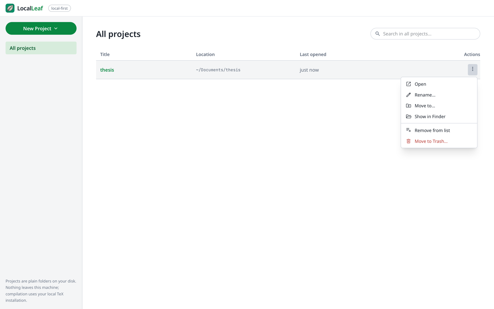 Project dashboard with the actions menu