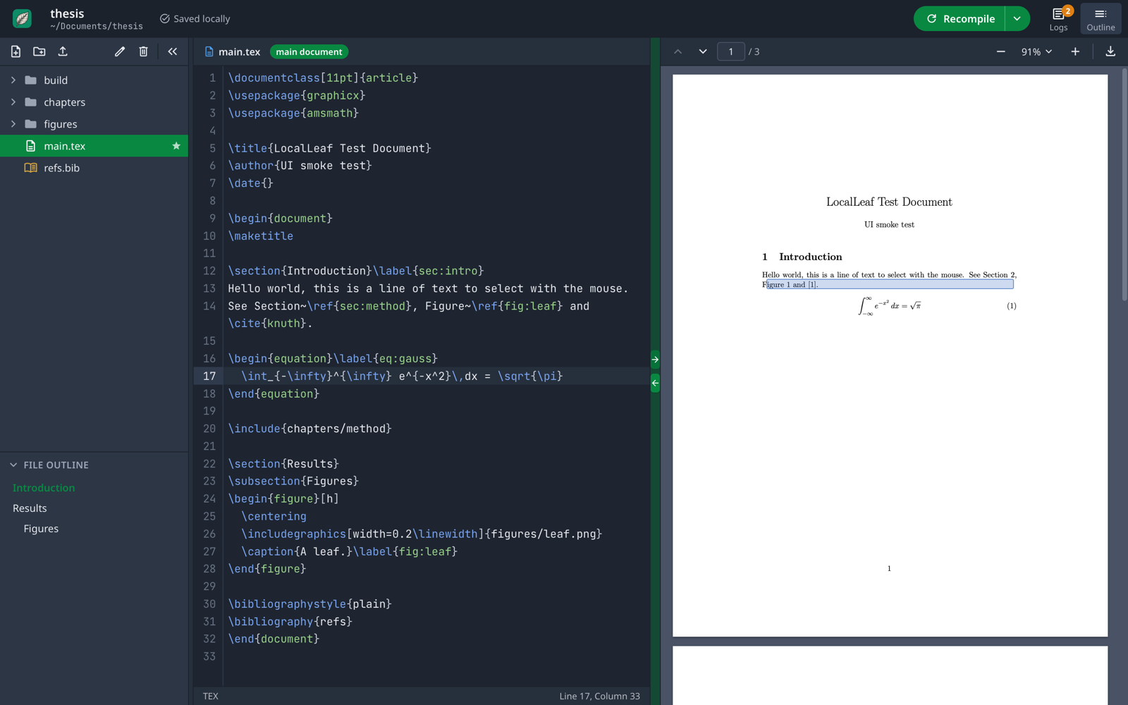 LocalLeaf editor with the PDF preview and a SyncTeX highlight