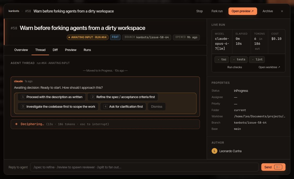 Run detail with awaiting-decision prompt