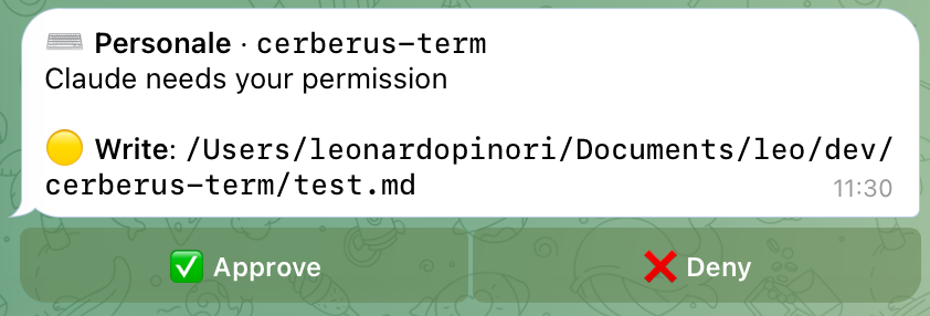 A Telegram notification showing a caution-risk Write permission with Approve and Deny buttons
