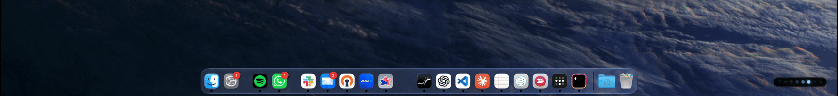 A full-width macOS desktop showing the Dock at the bottom center and AI Pulse animating a cyan comet in the unused space to its right