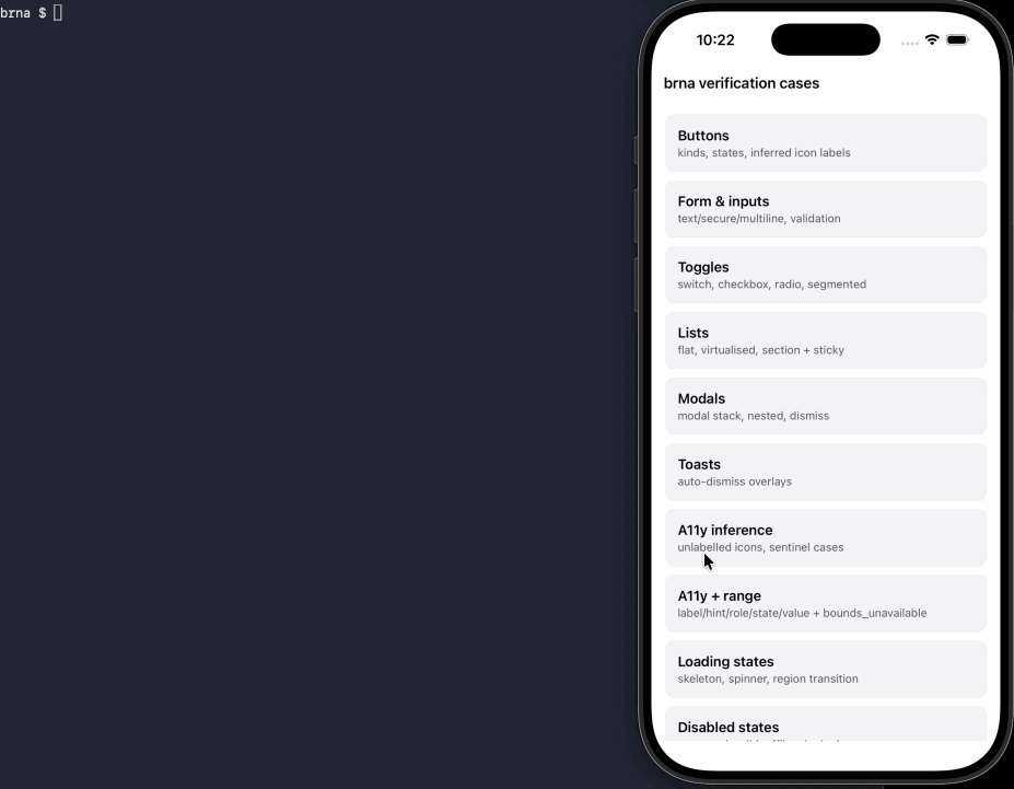 brna CLI reading and controlling a React Native app from the terminal