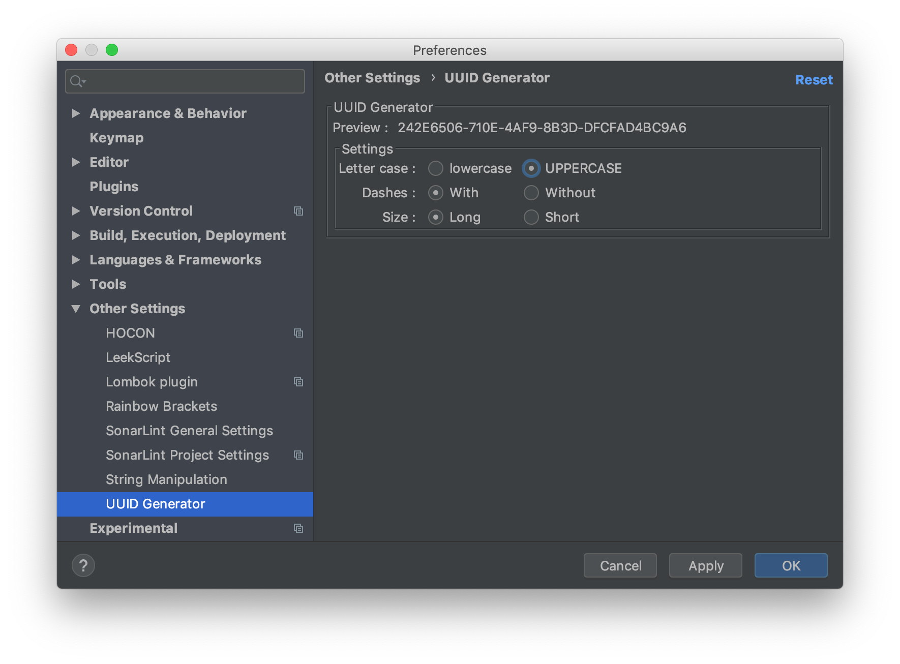 UUID format settings dialogue