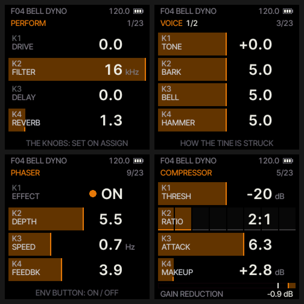The PERFORM, VOICE, PHASER and COMPRESSOR pages