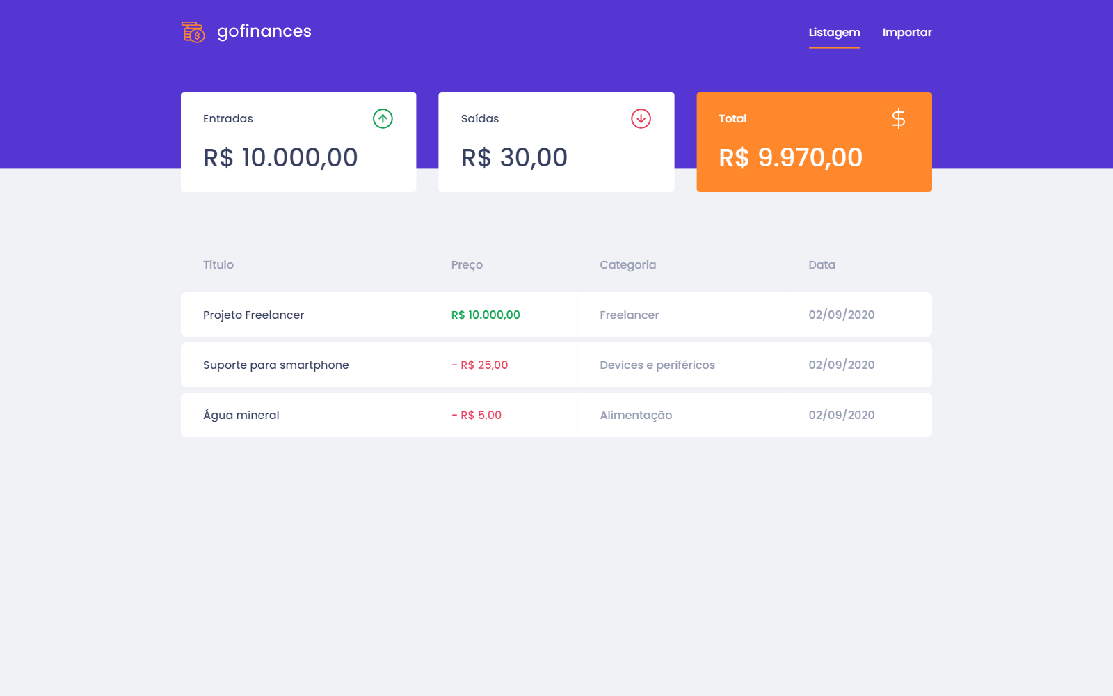 GoFinances - List page