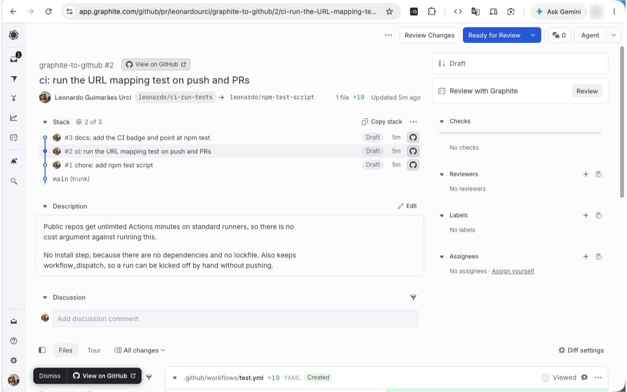 A Graphite pull request page with the extension's links: one beside the PR number, one on each stack row, and a floating pill in the bottom-left corner.