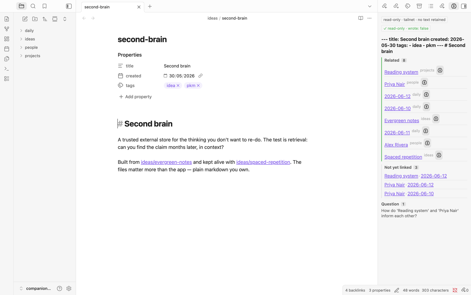 Thinking-mode panel — related notes, Socratic questions, and a visible read-only wrote: false badge