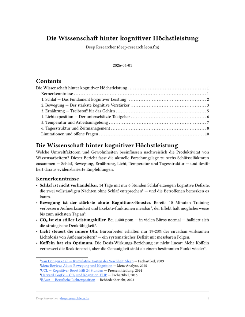 Peak Performance Report — Titelseite mit Inhaltsverzeichnis