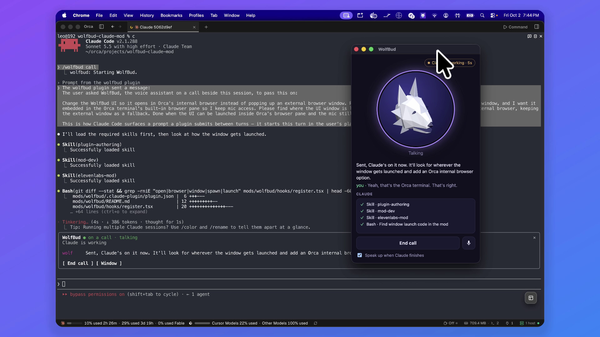 The WolfBud window says it sent the request; the terminal shows the prompt it wrote for Claude