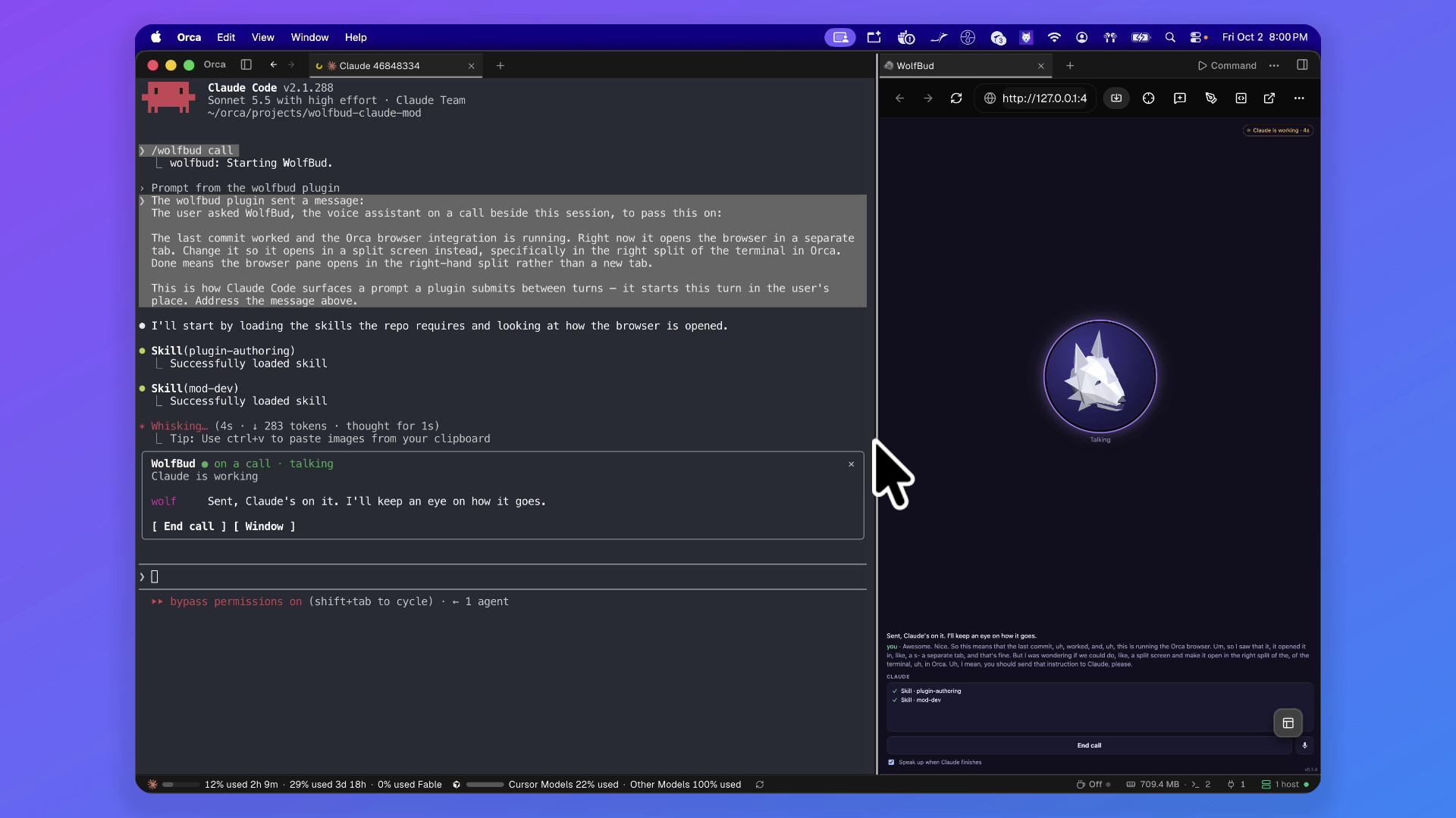 WolfBud in Orca's built-in browser, split beside the Claude Code session