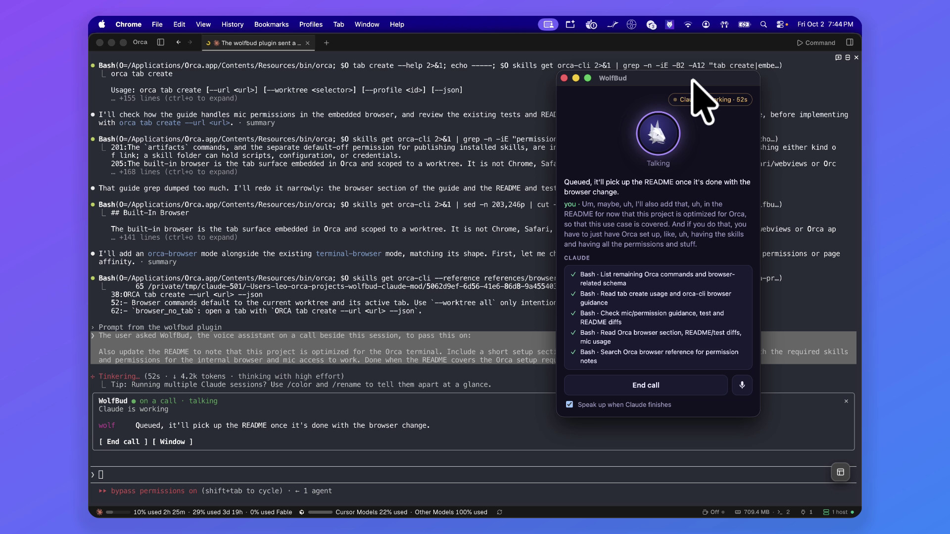 While Claude works, WolfBud queues a follow-up request about the README