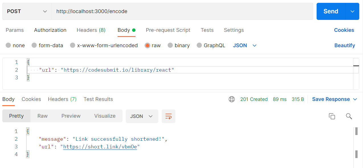 Request made on Postman for the encode route