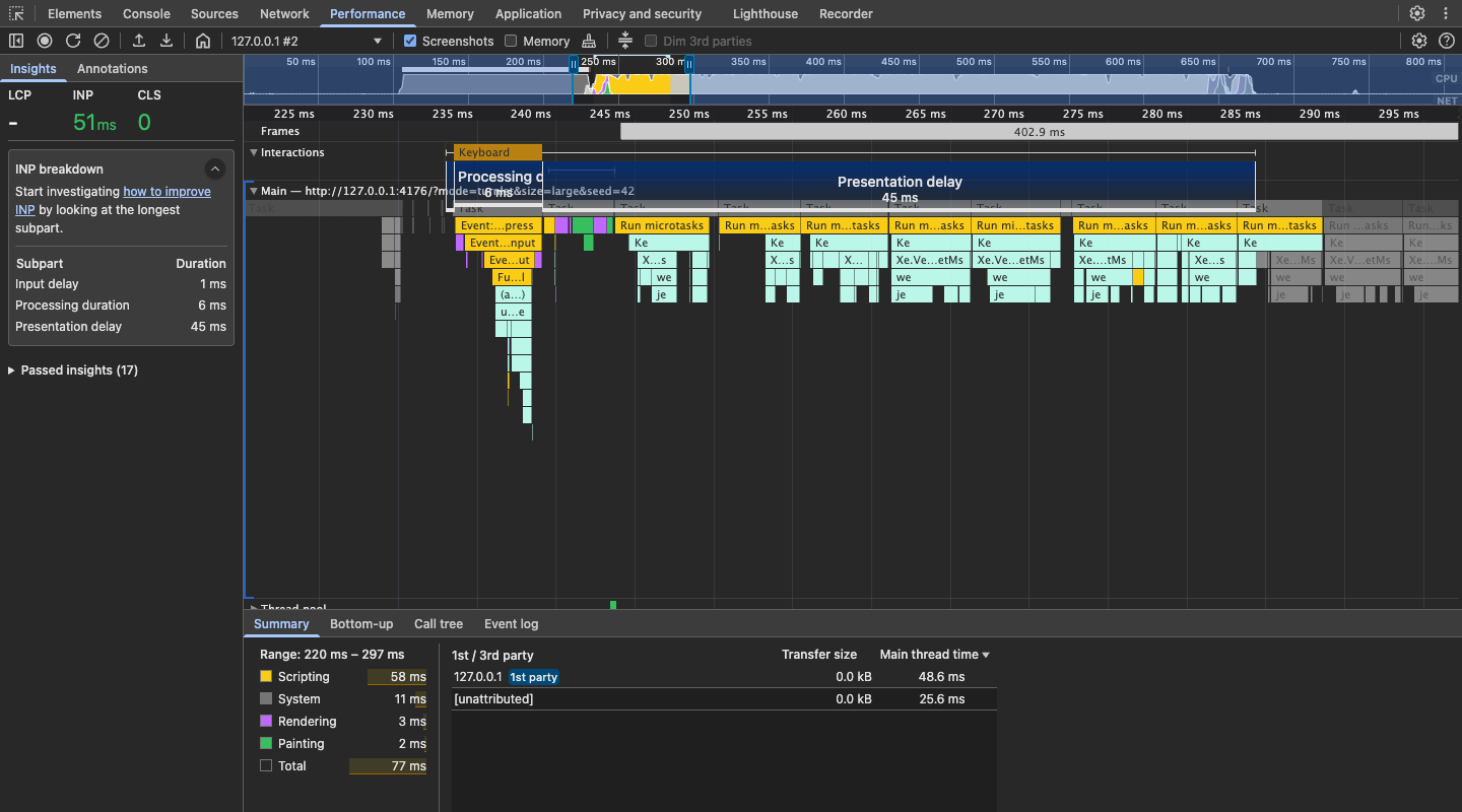Chrome DevTools Performance panel showing Turnlet’s short input handler, separate search tasks, and INP breakdown