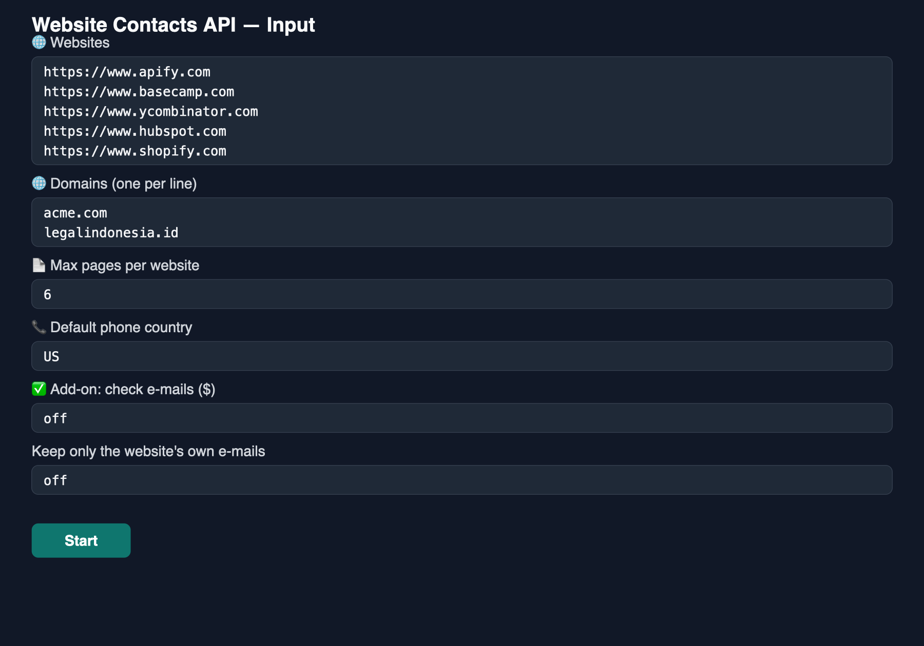 Website Contacts API input form: list of websites, domains, max pages per website, default phone country, e-mail check add-on