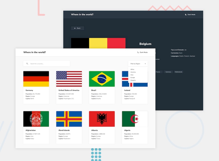 Design preview for the REST Countries API with color theme switcher challenge
