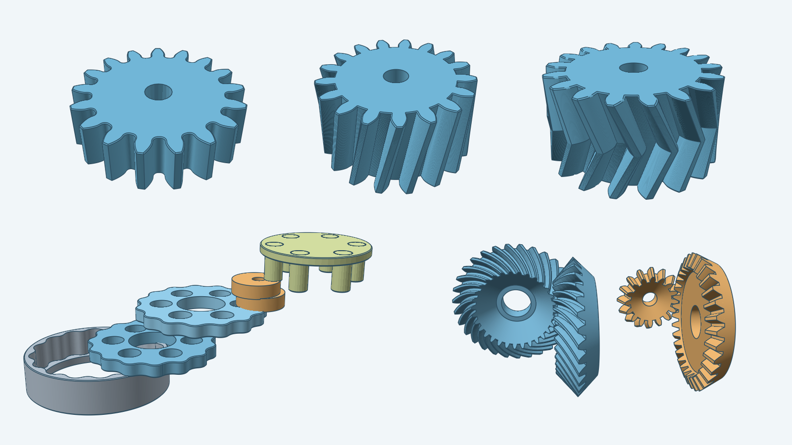 A spur gear, helical gear, herringbone gear, cycloidal drive, and bevel gear pairs rendered side by side