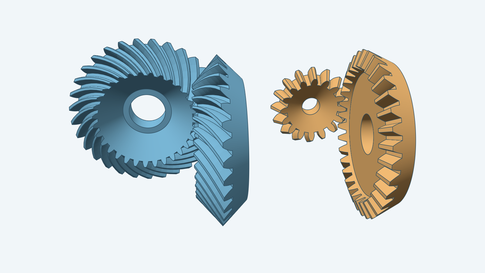 Two bevel gear pairs: a blue spiral-tooth pair and an orange straight-tooth pair, each meshing at a right angle