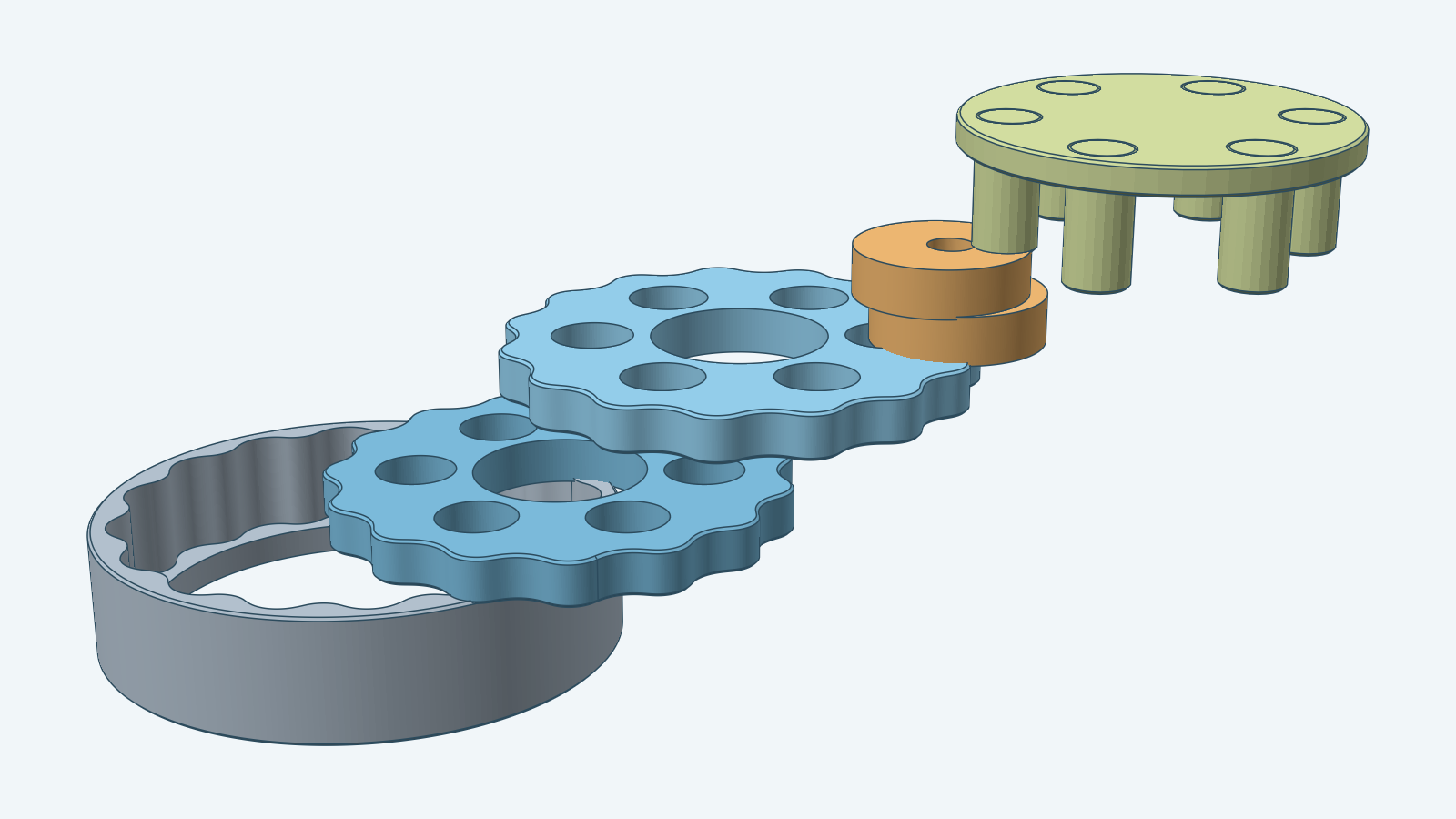 A cycloidal drive laid out in parts: a gray ring housing, two blue lobed discs, an orange eccentric cam, and a green output plate on six pins