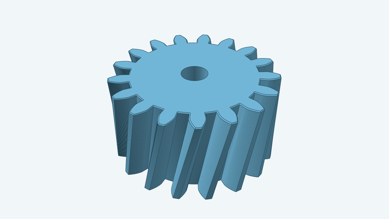 A blue helical gear, its teeth slanting evenly around the rim