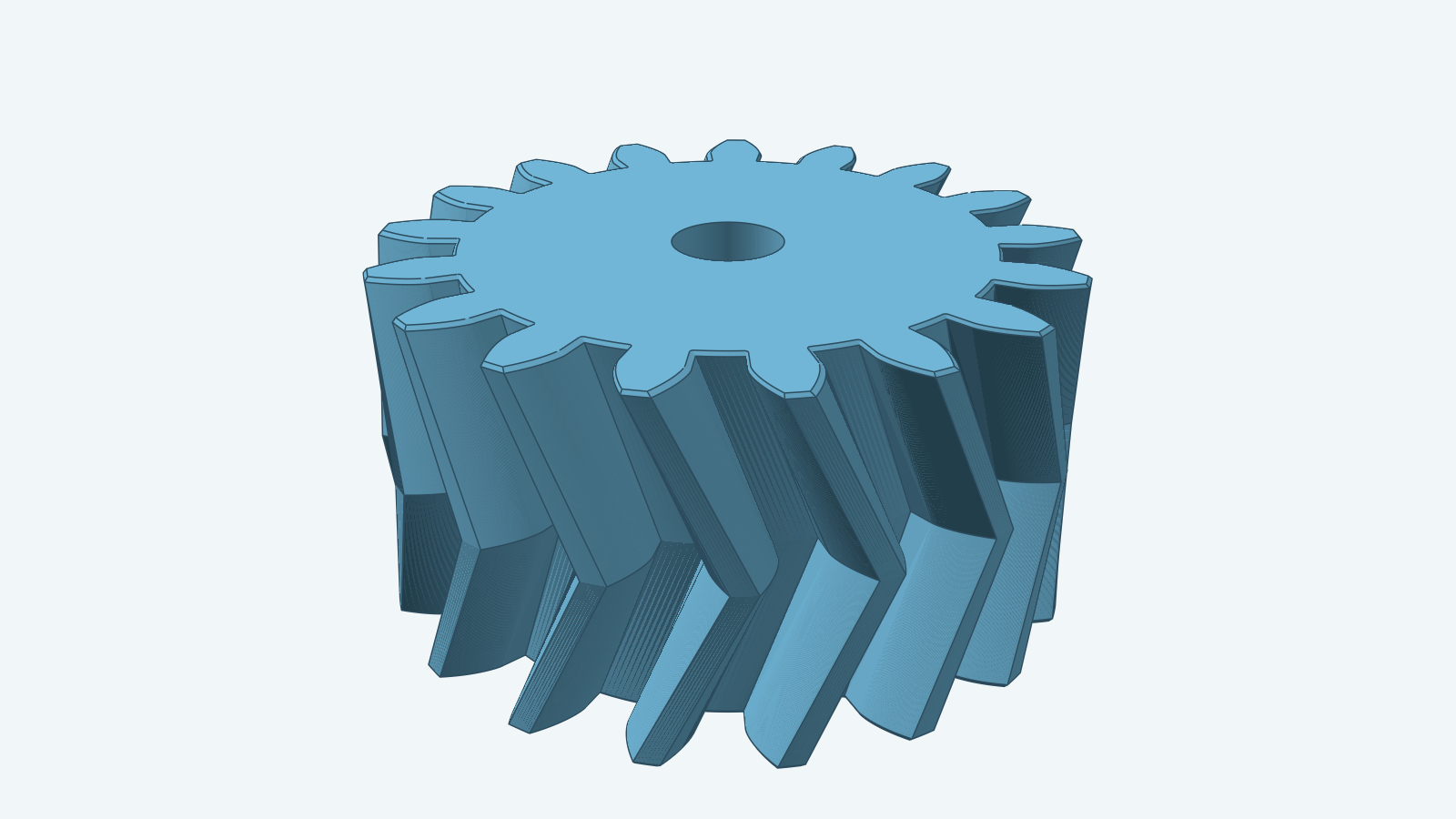 A blue herringbone gear, its teeth meeting in a chevron at mid-height