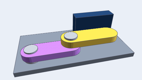 A two-link arm pinned to a post on a base plate folds up to a stop block, the forearm and the block flash coral, and the arm folds back