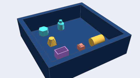Five modeled parts drop into a tray and settle while a cylinder rolls across the floor