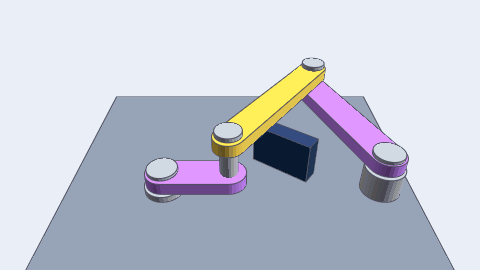 A crank drives a pinned four-bar linkage until the follower reaches a stop block, the follower and the block flash coral, and the crank turns back