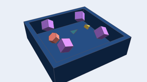 Spinning boxes, a hexagonal prism, a wedge and a tetrahedron drop into a tray and settle