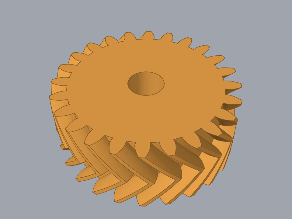 An amber herringbone gear, its teeth meeting in a chevron at mid-height
