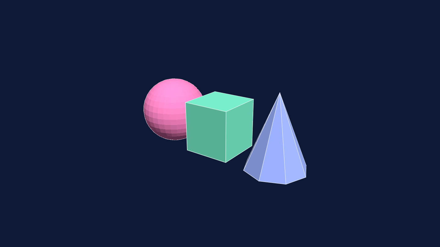 A pink sphere, green block, and blue faceted cone