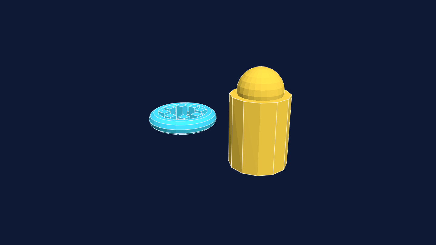 A cyan wheel with raised spokes beside a gold faceted cylinder and dome