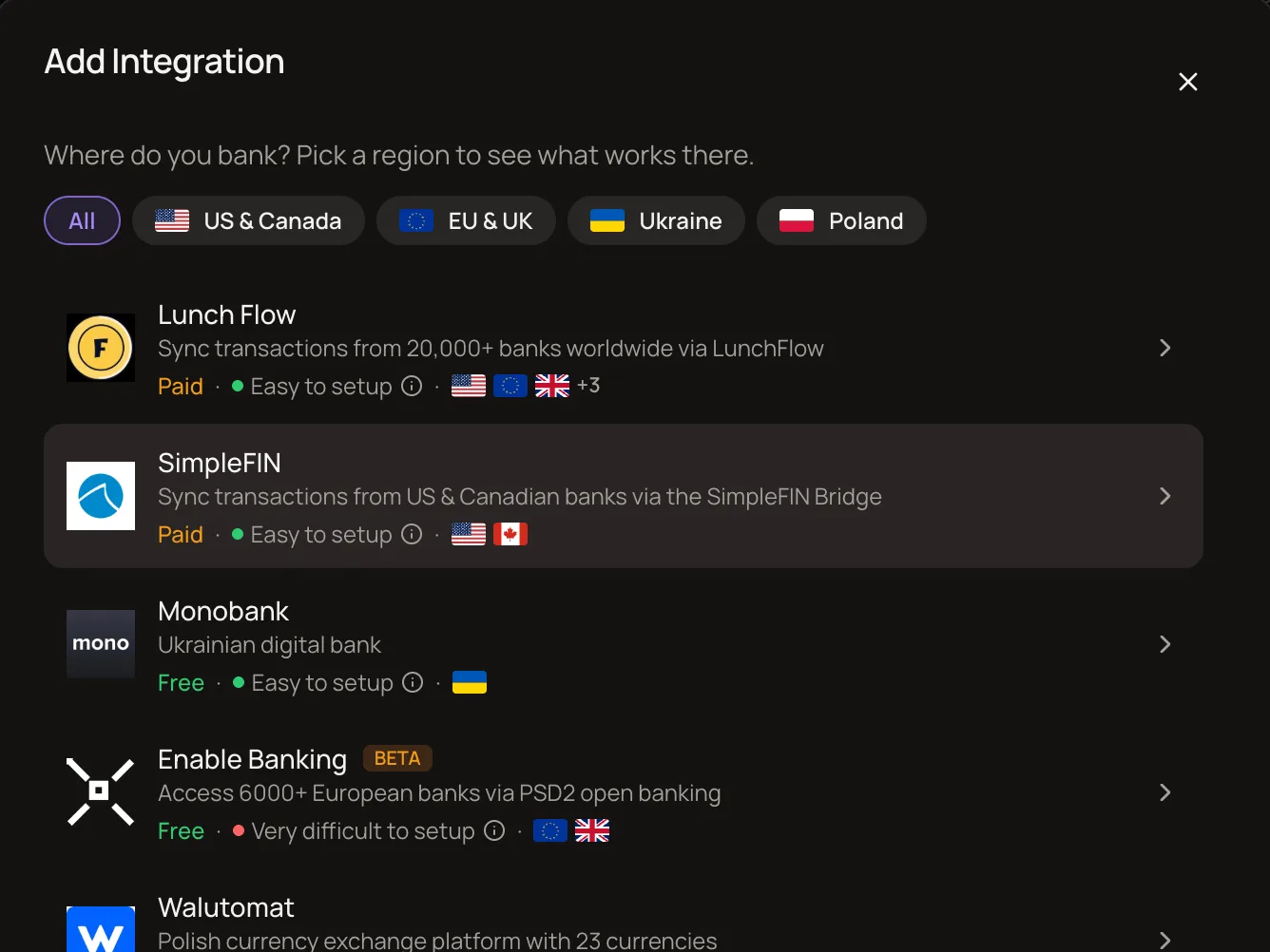 Bank provider picker listing LunchFlow, SimpleFIN, Monobank, Enable Banking and Walutomat