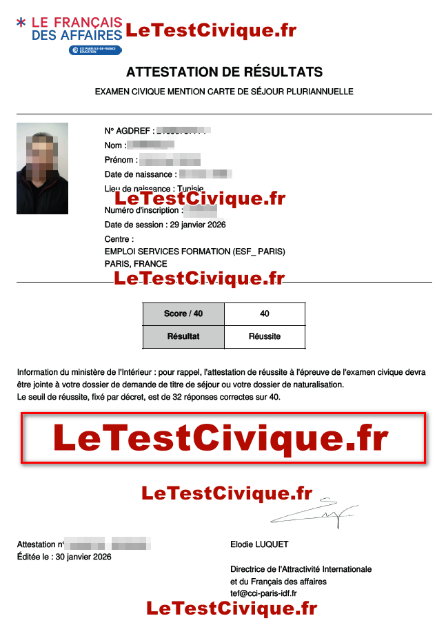 Exemple d’attestation de résultats de l’examen civique