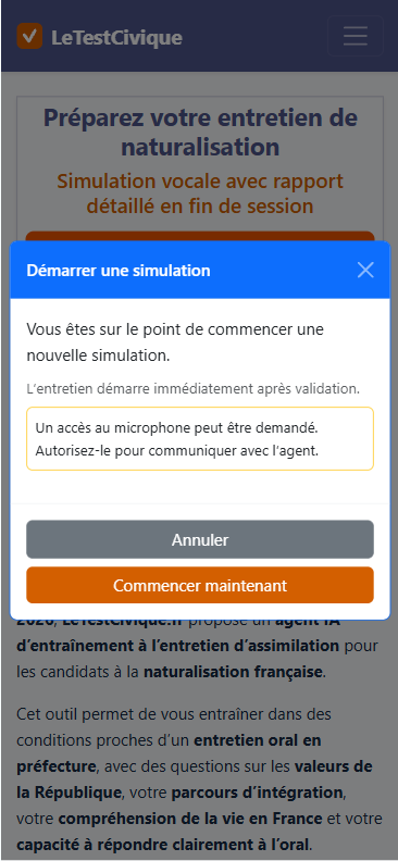 Screenshot : lancement de la simulation et autorisation du micro