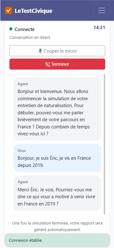 Screenshot : interface de la simulation vocale en cours