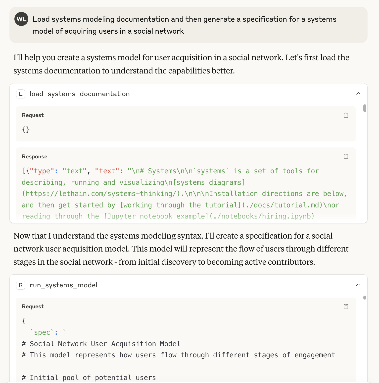 Example prompt of loading documentation into context window