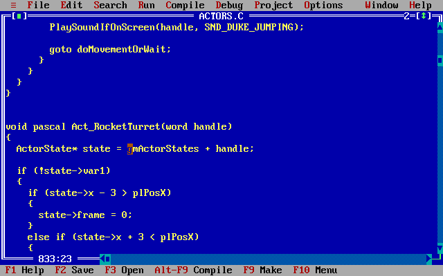 screenshot of the Borland C++ IDE from 1991 showing some of the source code